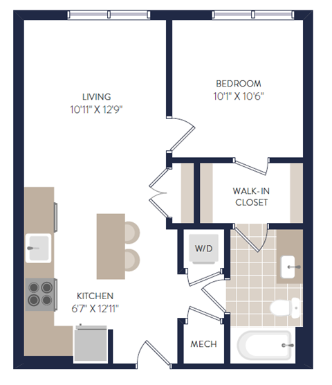 Floor plan for 1 bed, 1 bath, 552 sqft
